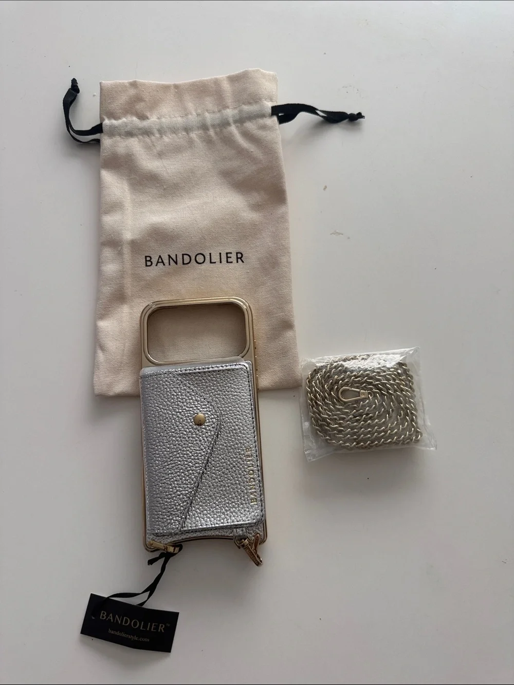 Bandolier Silver Leather Crossbody Phone Wallet with Gold Chain Accent